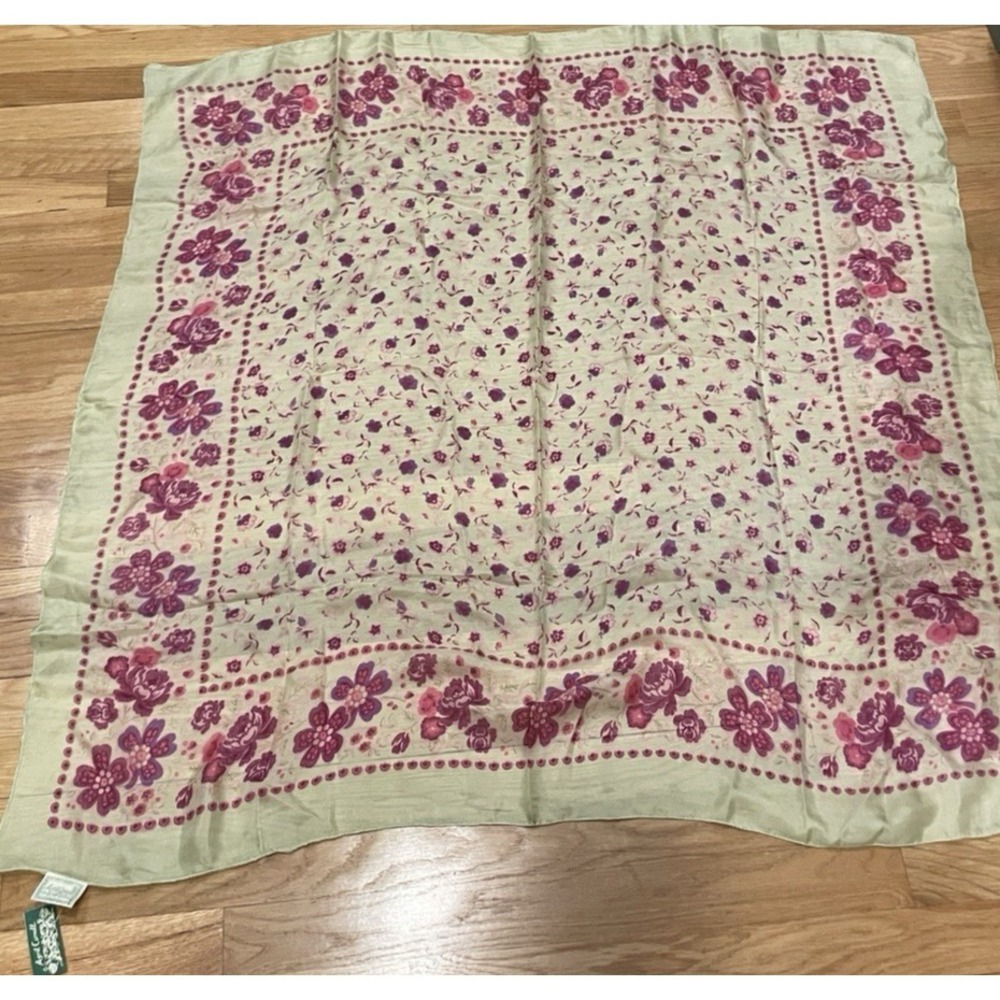 April Cornell Light Green and Purple/Pink Silk Floral Scarf, NWT